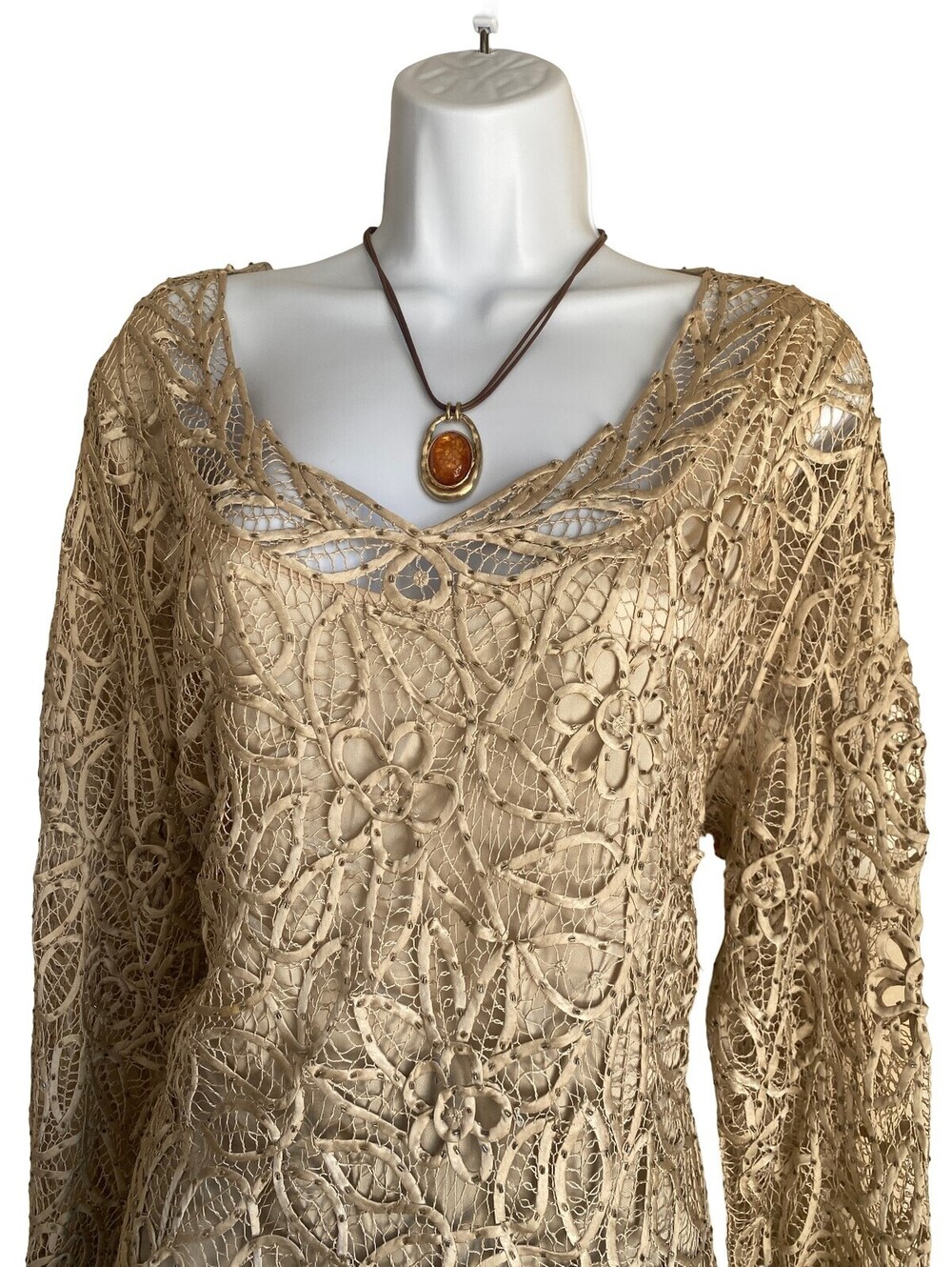 100% Silk VTG Soulmates XL Lace Tunic Blouse Handcrafted Elegant Boho Festival - Picture 7 of 8